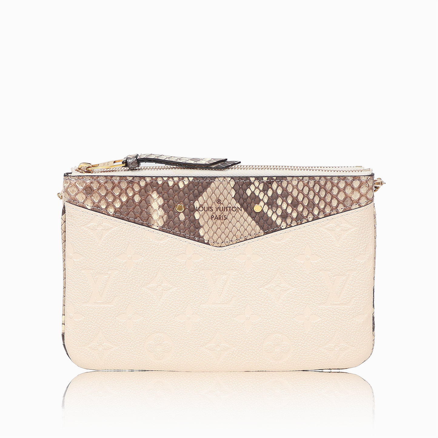 ポシェット・ドゥーブル ジップ アイボリー×パイソン モノグラム・アンプラント ゴールド金具