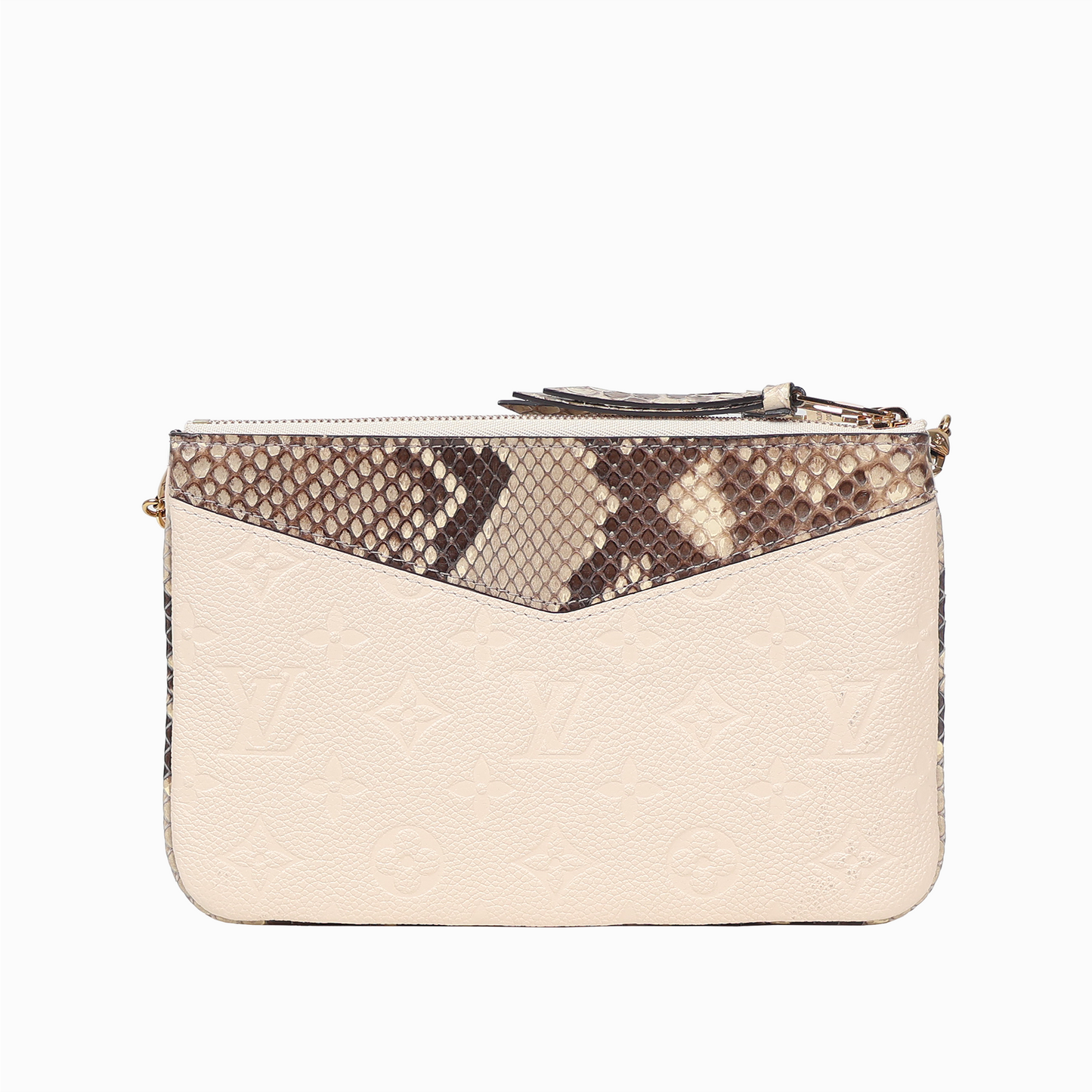 ポシェット・ドゥーブル ジップ アイボリー×パイソン モノグラム・アンプラント ゴールド金具