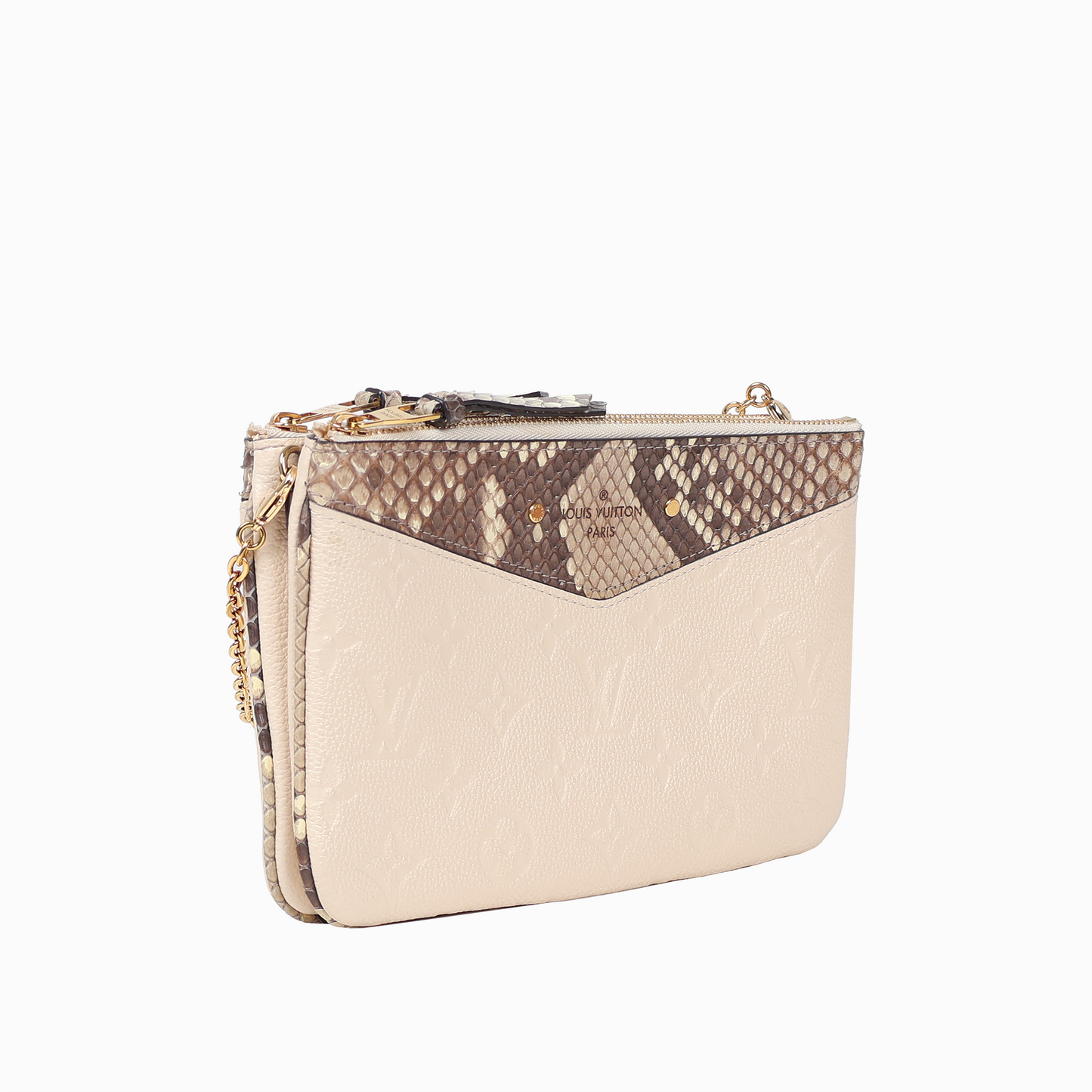 ポシェット・ドゥーブル ジップ アイボリー×パイソン モノグラム・アンプラント ゴールド金具