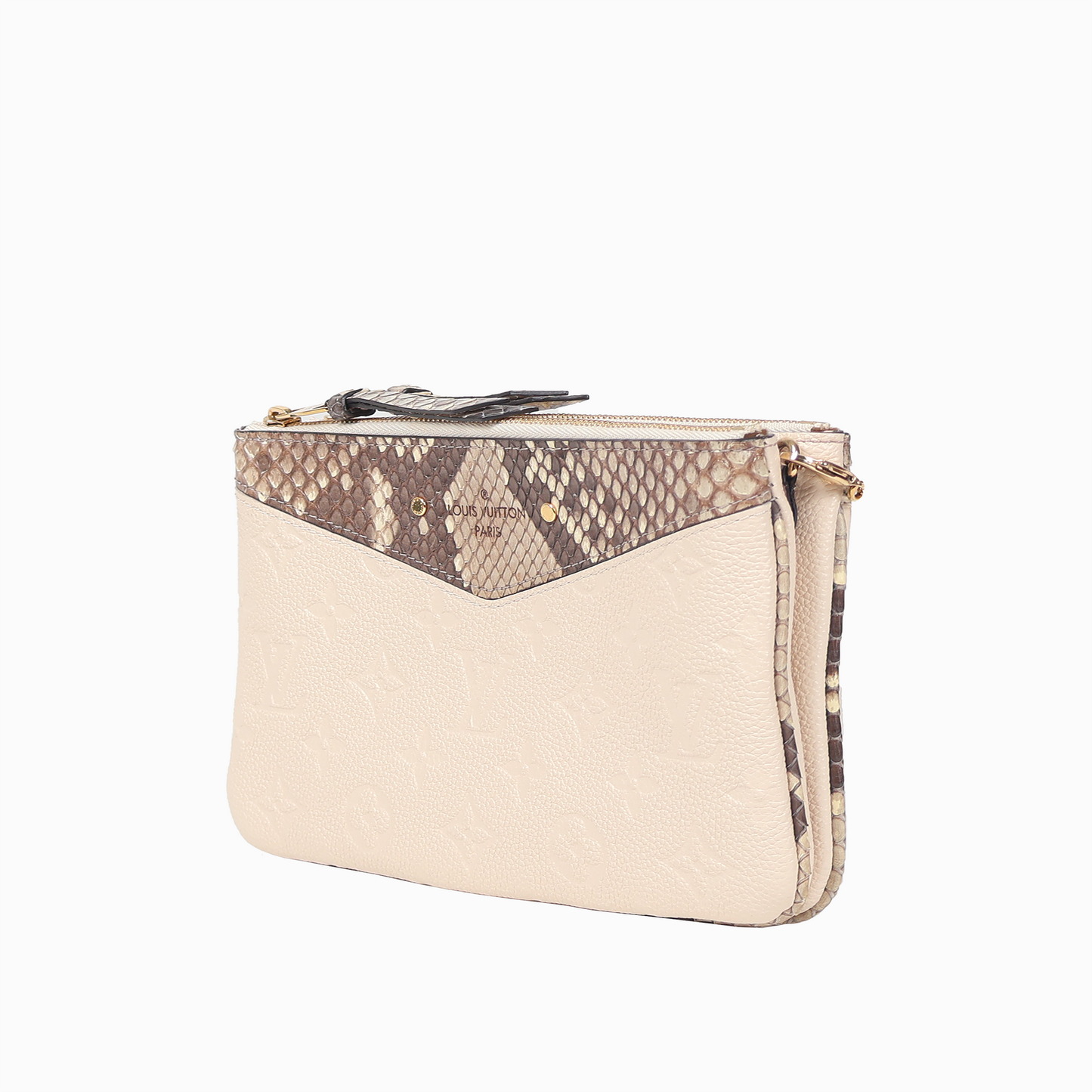 ポシェット・ドゥーブル ジップ アイボリー×パイソン モノグラム・アンプラント ゴールド金具