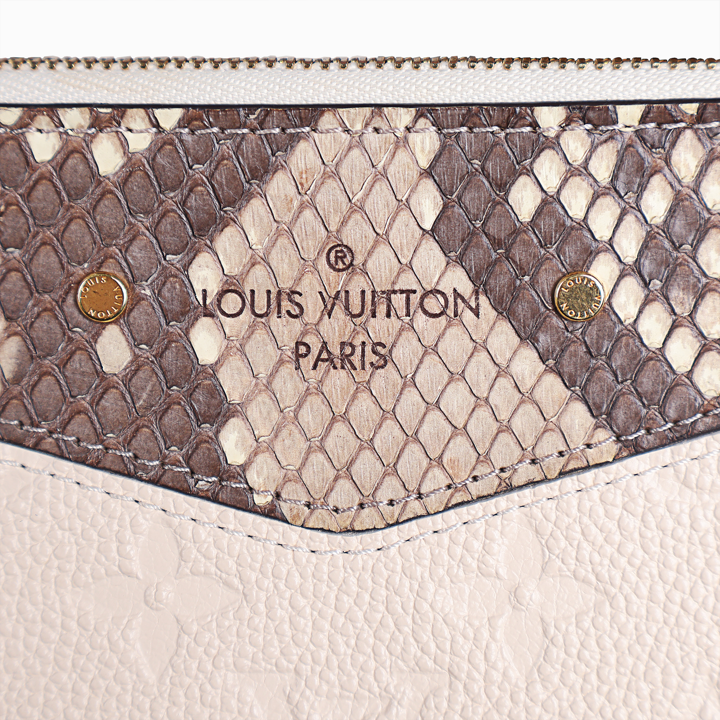 ポシェット・ドゥーブル ジップ アイボリー×パイソン モノグラム・アンプラント ゴールド金具