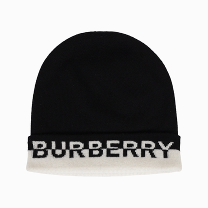 BURBERRY ニット帽 ブラック・ホワイト ロゴインターシャ カシミア BURBERRY ニット帽 ブラック・ホワイト ロゴインターシャ カシミア